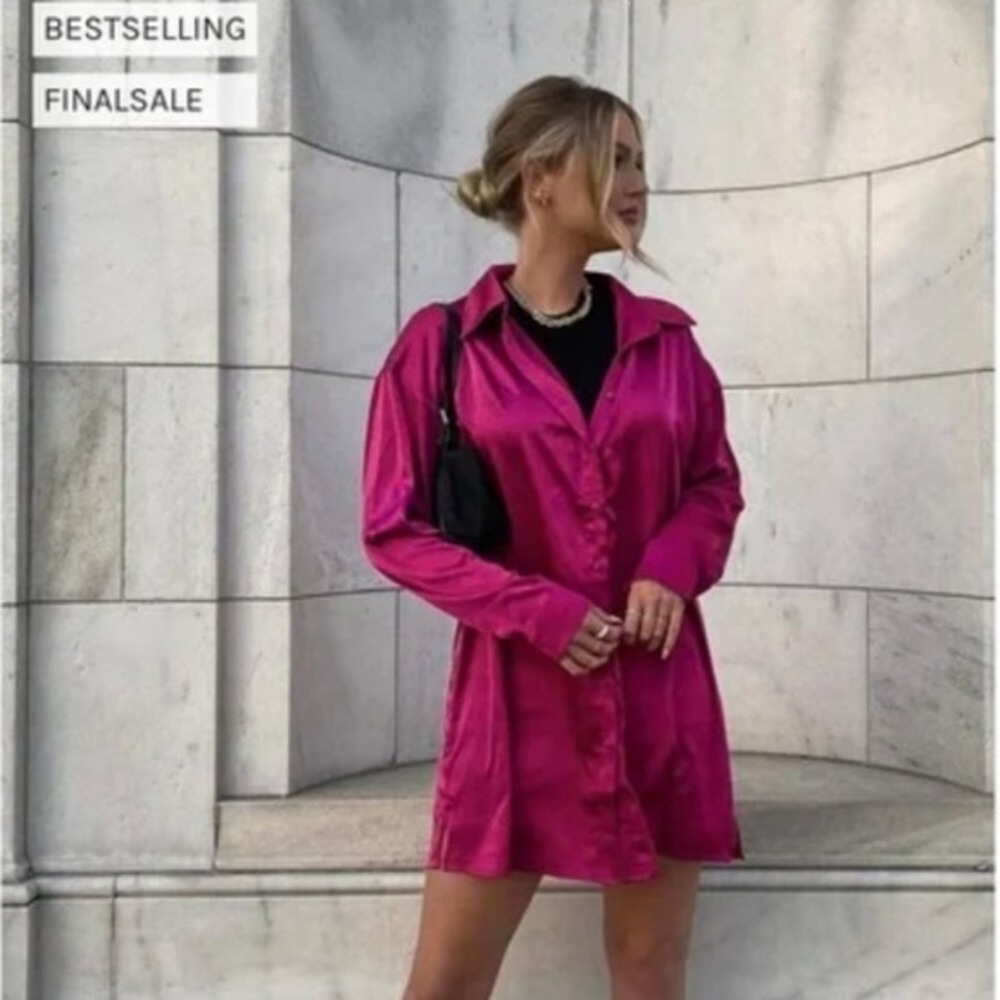 Gorgeous 12th Tribe Satin Silky Shirt Dress Long Sleeve Unstoppable Fuchsia